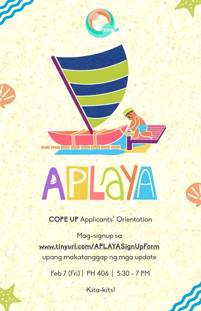 COPE_UP's tweet photo. Salubungin kami sa aming masayang pagdaong sa APLAYA! ⛵️🏖

Ika-7 ng Pebrero 2020
5:30 - 7 PM
PH 406

Mag-sign up sa: https://t.co/995g39KKdv

Samahan ang COPE UP sa pagtuklas ng mga bagong posibilidad na hatid ng pagtapak sa pampang!

#Aplaya #HOPEtogether #COPEtogether #COPEUP https://t.co/76NzwB3cP5