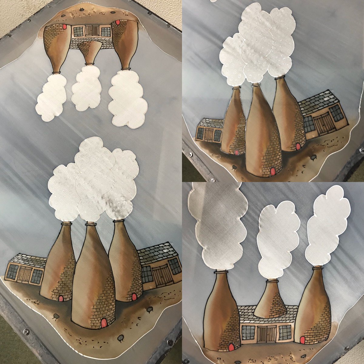 Celebrating our Potteries heritage! A commission of the bottle kilns. Long bottle kiln design silk scarves available @Burslempottery based @Middleport_Pot home of #GBPT #silk #bottlekiln #potteries  #stokeontrent #industrialheritage #burslem #industrialchic #collectibleceramics