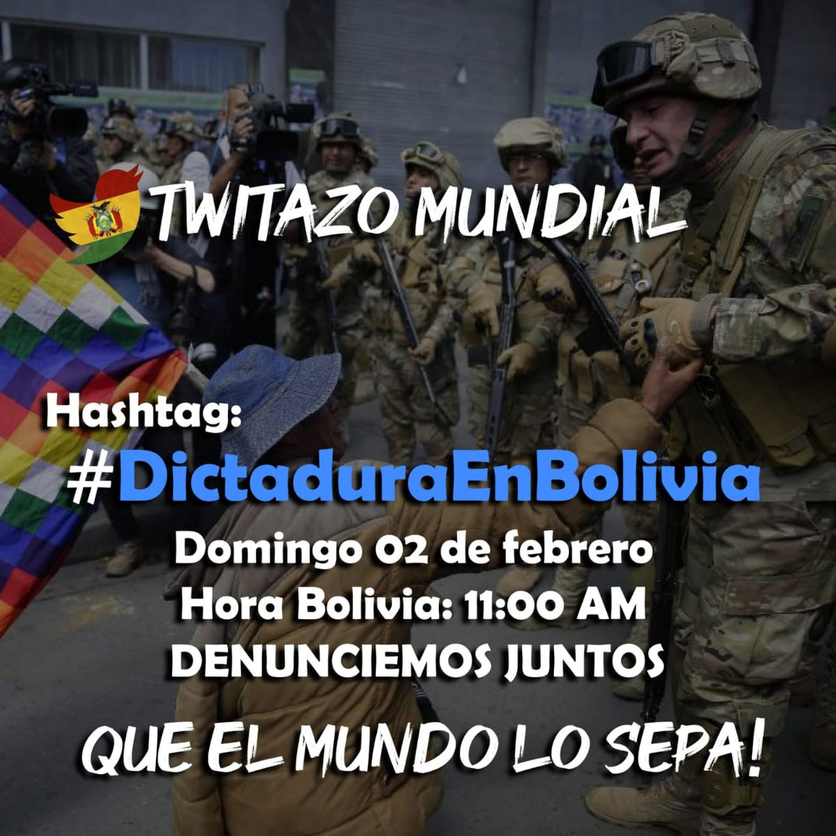 RedEco_Ar's tweet photo. Hooooy, ahora!!!!
 11:00 am hora boliviana
10 am hora Argentina 
Twitazo #DictaduraEnBolivia
#LibertadParaFacundoMolares 
#SalvoconductoParaQuintanaYLos8

@Red__Accion @RNMA_Arg @Indyddhh @revistacitrica @RADIODESEOfm @laradiodelsur https://t.co/AIebA4xBjU