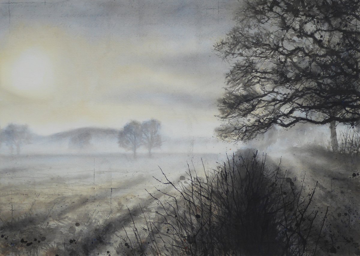 Pockets of mist in the valley fields leading up to Hambledon Hill. Ink, watercolour and charcoal 69x49cm cookthepainter.com/paintings/late… #art #watercolour #watercolourpainting #dorset #hillfort #monochrome #trees #fog #mist