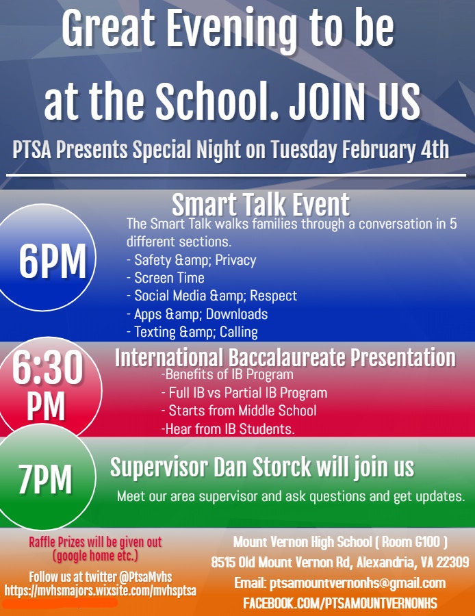 MVMAJORS's tweet photo. The MVHS PTSA presents a "Smart Talk" Conversation as a part of its monthly meeting this Tuesday starting at 6 p.m. in G100. 

Supervisor Dan Storck &amp; an IB presentation will round out this meeting's agenda. We hope to see you there! #ProudMajors https://t.co/nqvawBRwwD