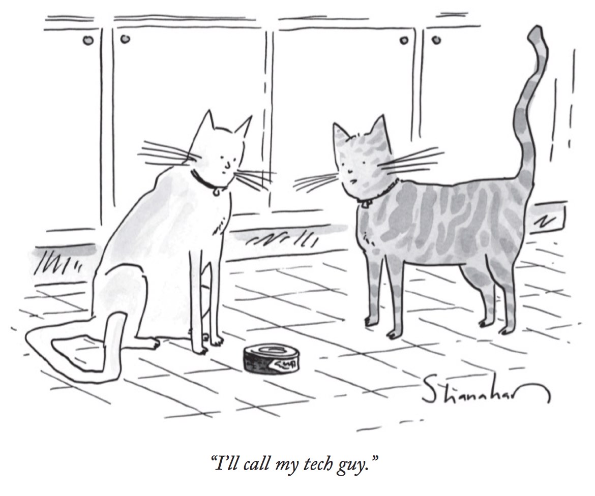 Two cats looking at a unopened can of food. One says, "I'll call my tech guy."