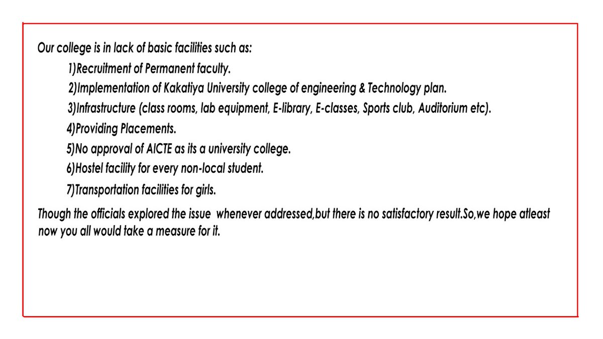 Cherry67211061's tweet photo. #save_kucwt
Respected sir/madam
We the students of KUCET,requesting all the higher officials
@KTRTRS
@TelanganaCMO @trspartyonline
@eenadulivenews
@trsharish
@SabithaIndra
@PawanKalyan @DrTamilisaiGuv to solve our issue.Our college is in need of basic facilities mentioned below. https://t.co/gFXwknDCJG