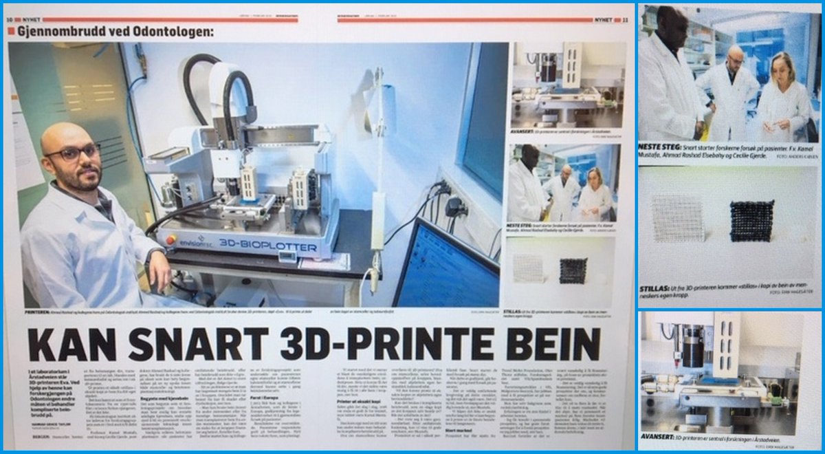 ForKlinisk's tweet photo. "Kan snart 3D-printe bein". Prof. Kamal Mustafa, oral kirurg Cecilie Gjerde, PD. Ahmed Rashad og kollegene begynte å forske på erstatning av ødelagt kjevebein på IKO. Det endte opp med å bli en potensielt revolusjonerde teknologi innen beintransplantasjon #IKOpåsittbeste @BA_no https://t.co/Ih6Ndf4mCG