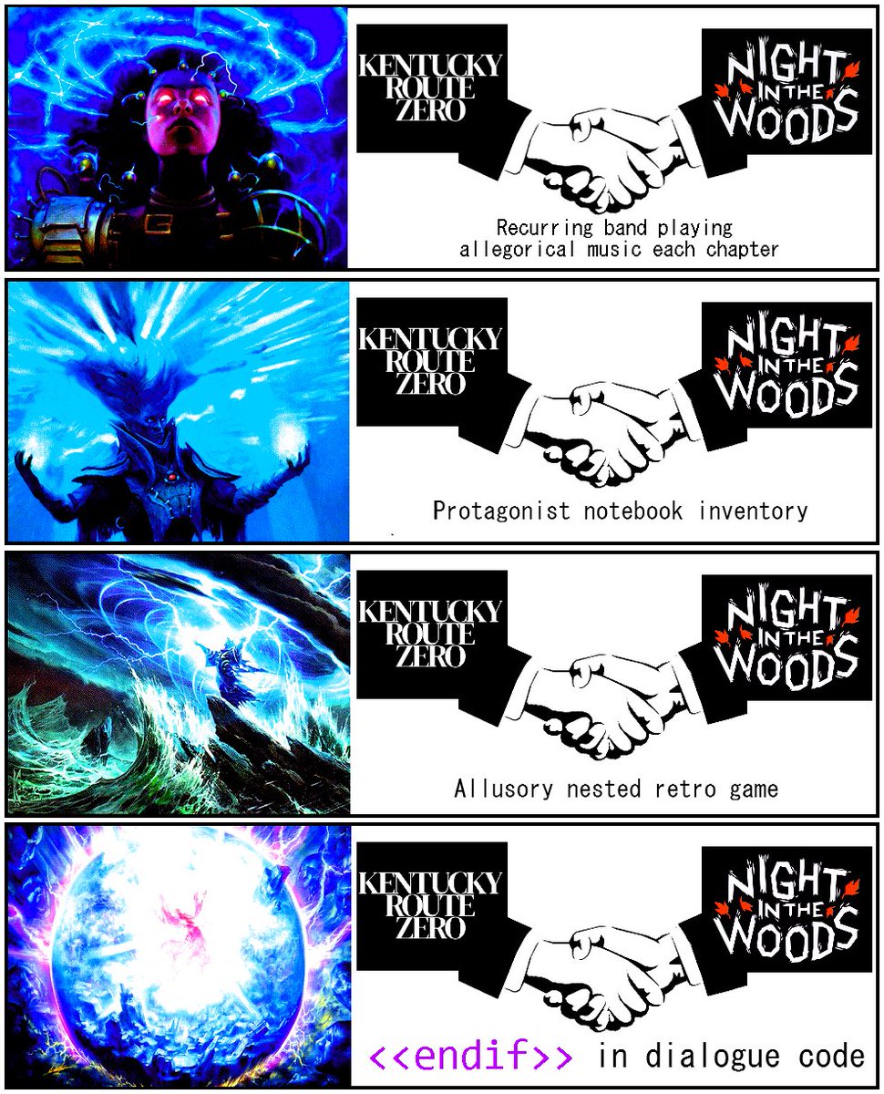 Kentucky Route Zero logo shaking hands with Night In The Woods logo, variously captioned "Recurring musical band", "Notebook inventory", "Allusory nested retro game" and "<<endif>> in dialogue code"