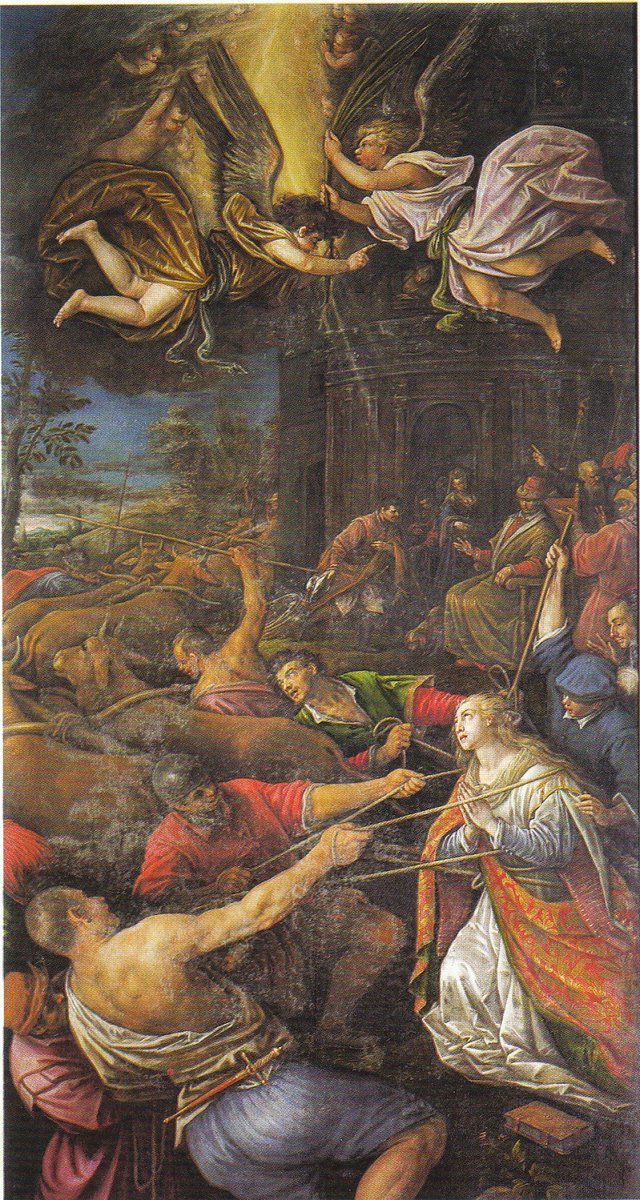 The Miracle of the immobility of Santa Lucia, 1596/7, by Leandro Bassano (1557–1622). S Giorgio Maggiore Venice, 1st Altar from the entrance left. Photo credit: Basilica S Giorgio Maggiore Edizione della Basilica 2000 P.26, courtesy of Wikimedia commons. 