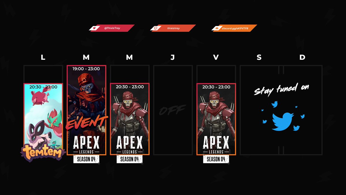 ThisIzTray's tweet photo. Comme chaque dimanche dorénavant, le planning de la semaine à venir sur ma chaine.😉
Special event : la saison 4 d'#Apex mardi 19h avec un battlepass à gagner!
Follow et activer la cloche pour rien louper https://t.co/UfOj1d7Tzh💪⚡️
#Stream #Twitch #ThisIzUs #Temtem #ApexLegends https://t.co/XqVLLr48XW