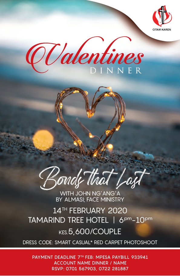 CITAM_Karen's tweet photo. Ladies and gentlemen, Valentines dinner is around the corner.
Pastor John Ng'ang'a will be with us.
Theme: Bonds that last
Investment: ksh. 5,600 per couple. https://t.co/zBTb5Mo6ui