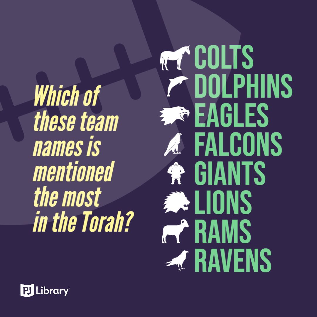 PJLibrary's tweet photo. For families watching football later today, here's a fun trivia question to share at your party. All of these NFL team names appear in the Torah (the first five books of the Bible), but which one is mentioned the most? Check back during halftime for the answer! #TheBigGame https://t.co/8tLXdbNj0H