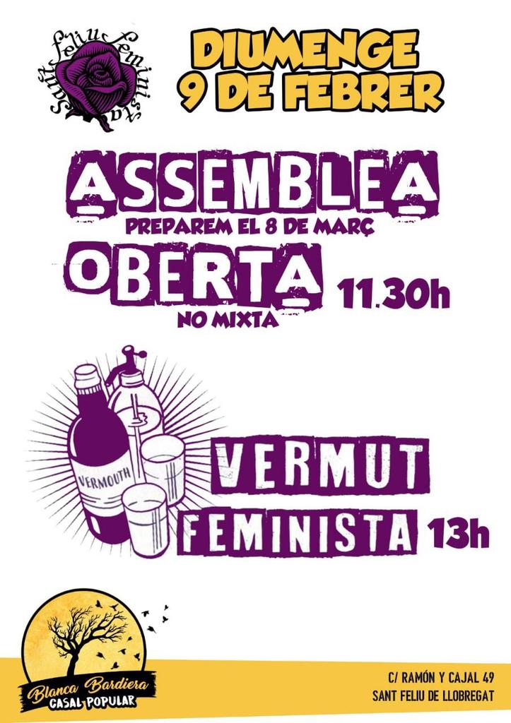 Atenció! S'apropa el 💜 #8març 💜 i, com cada any, us convidem a totes a participar en l'organització.

Veniu diumenge 9 de febrer a les 11.30h a l'assemblea oberta i preparem el 8 de març juntes! 💜

Després gaudirem d'un vermut feminista obert a tothom. 🍻🍻

Us hi esperem!