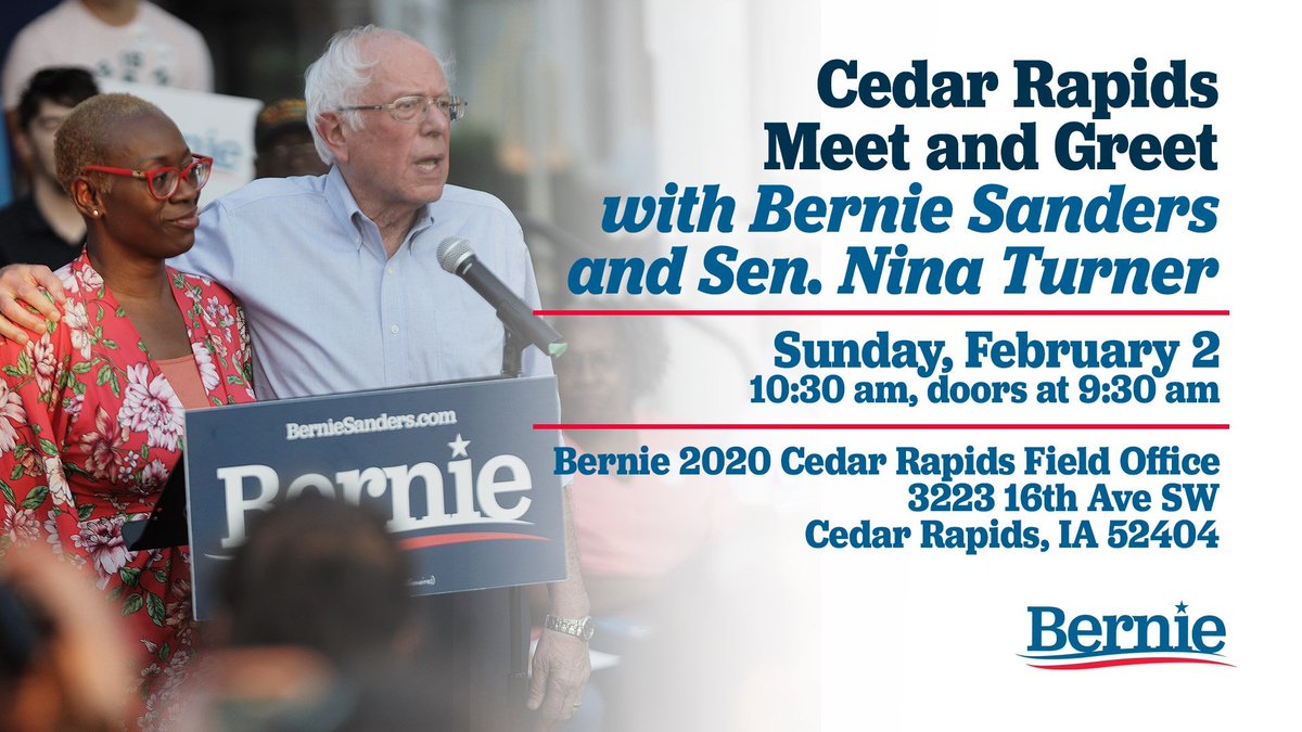 flowerslikesun's tweet photo. "Cedar Rapids Meet &amp; Greet w/@SenSanders and @ninaturner!" TODAY! 🔥10:30 AM! 2/2/20 

#CedarRapids #IowaForBernie #IADems #IA #BernieInIA https://t.co/D8ZeVuTs01