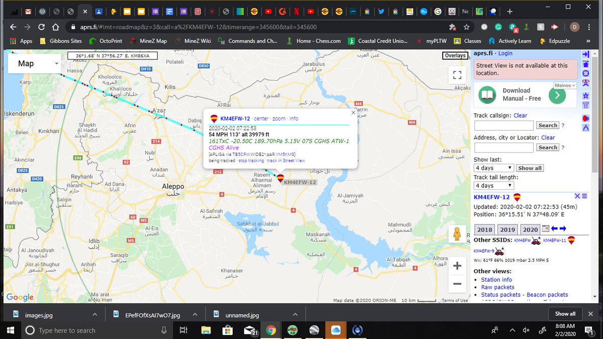 Helios_2020's tweet photo. The sun has set on day 4 for Helios-1, currently just east of Aleppo, Syria. Total distance traveled about 9,800 kilometers. Misson clock at T+5,315min. https://t.co/3BThH4lFwE
