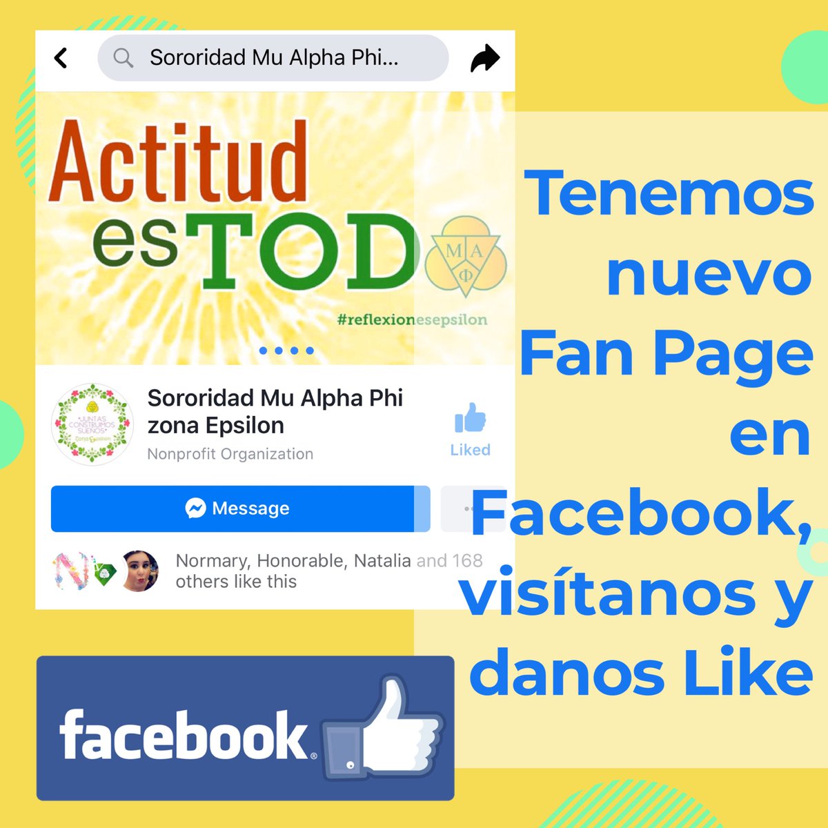 EpsilonZona's tweet photo. Danos like y share a nuestro fan page. sororidad Mu Alpha Phi Zona Epsilon.. seguimos creciendo!!! 😉 💚💛#like #mualphaphi https://t.co/wRL8PDHA3f https://t.co/w3L3nAR16i