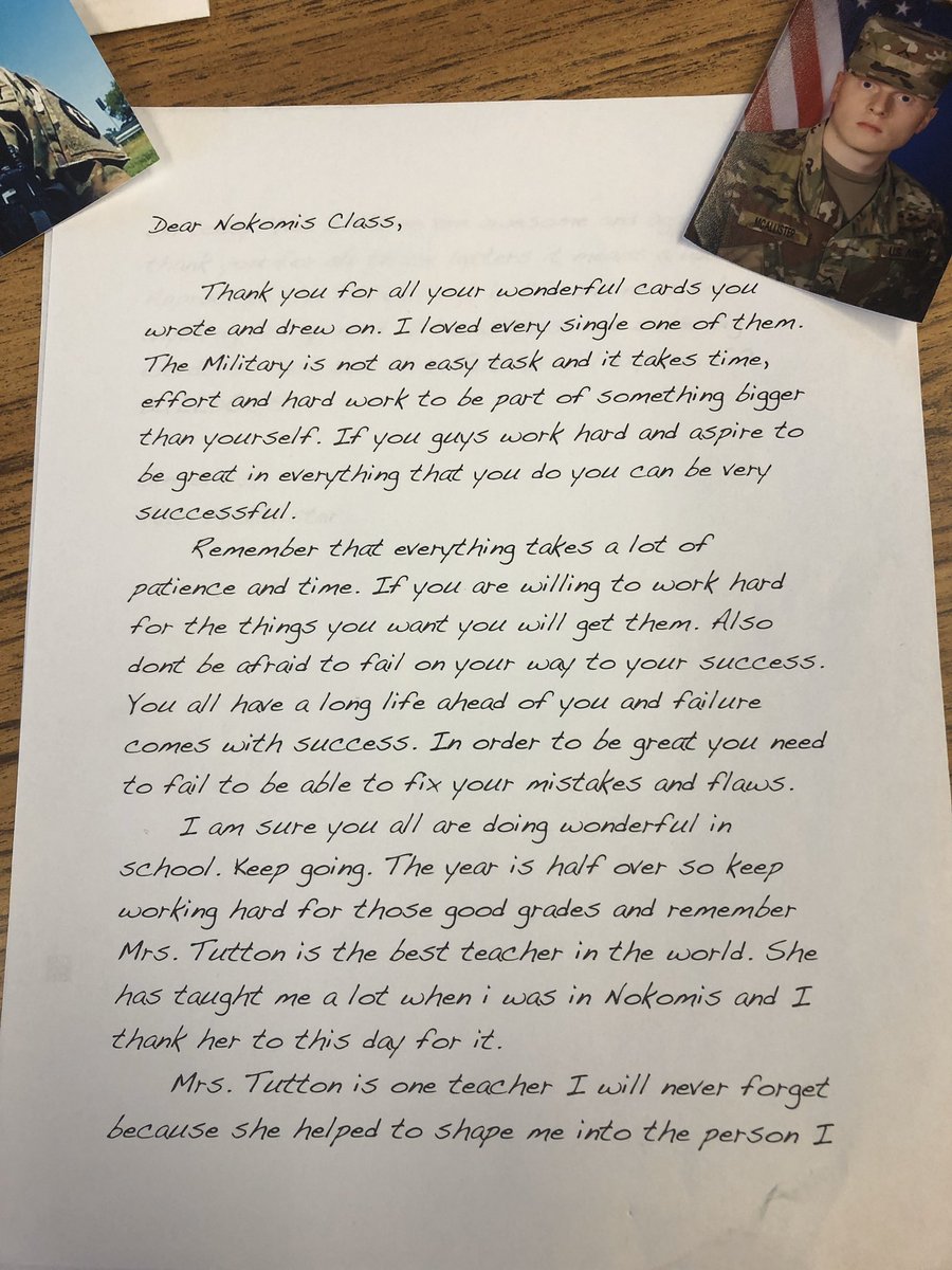 TuttonKinder's tweet photo. We have been writing to Sachem/Nokomis Alumni Ryan McAllister PFC.  his mom came in and read a letter he wrote to the students.  He is being deployed to South Korea in a couple of weeks.  So proud of him! ❤️💙🇺🇸@TuttonKinder @Nokobulldogs @SachemSchools https://t.co/1uEU0fkAXU