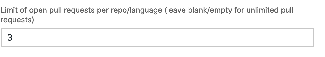 Screenshot of dependabot option which says "Limit of open pull requests per repo/language (leave blank/empty for unlimited pull requests)"