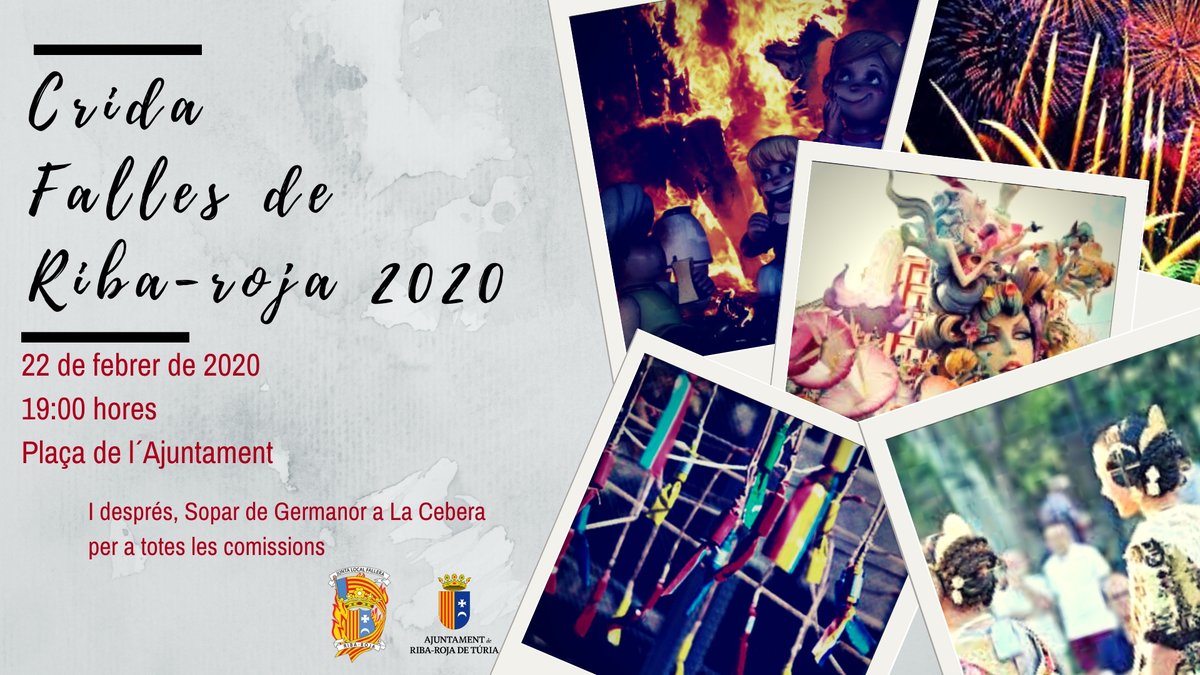 ayto_riba_roja's tweet photo. Ja estem quasi en Falles! 🎉El pròxim 22 de febrer donarem la benvinguda a la la nostra festa gran amb la tradicional Crida. Serà en la Plaça de l'Ajuntament a les 19.00 i amb la participació de les sis comissions falleres de Riba-roja. T'esperem!👌 #FallesRibaroja #Falles2020 https://t.co/GVi1IxI4XU