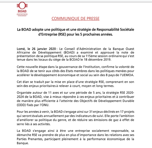 MinDoConsultant's tweet photo. La Banque Ouest Africaine de Développement @boad_official adopte une politique et une stratégie de RSE. Une bonne nouvelle pour la promotion de la RSE dans l'espace UEMOA! https://t.co/x20UCbjf5Q