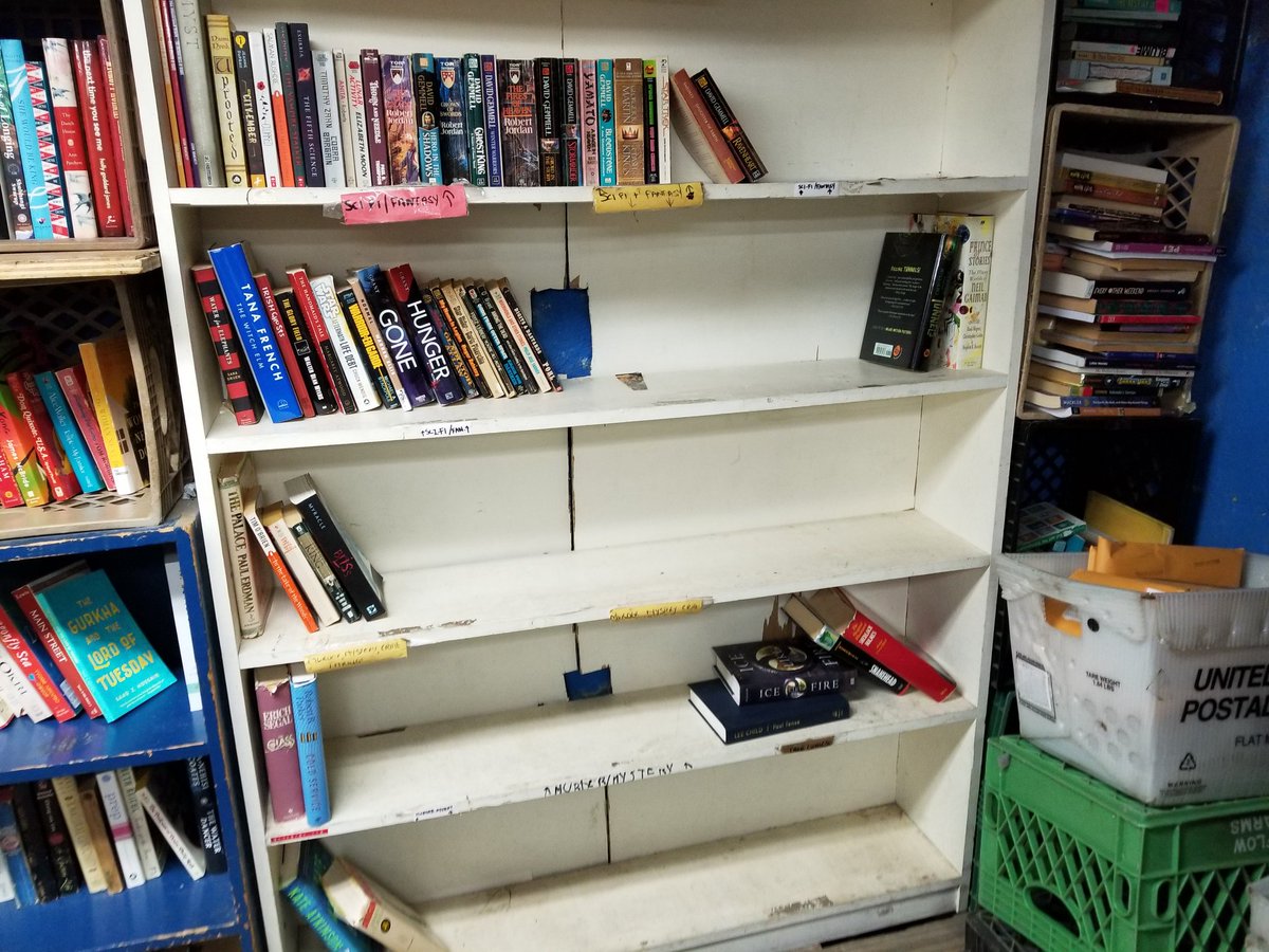 mostly bare bookshelves