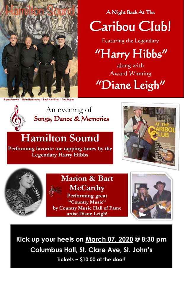 HamiltonSoundNL's tweet photo. A Night Back at the Caribou Club! Enjoy a night of music and friends with Hamilton Sound and Bart and Marion McCarthy playing the music of of Harry Hibbs and Diane Leigh. Saturday, March 7th, 8:30 PM at the Knights of Columbus, tickets $10 at the door! https://t.co/elqdHCXUWM https://t.co/0vAj5kcDgu