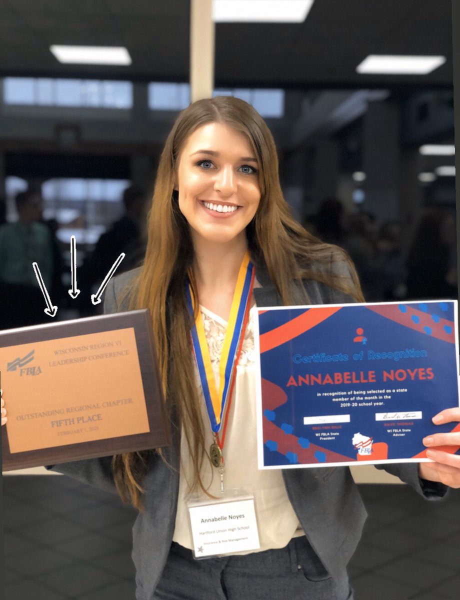 President Annabelle Noyes placed 1st in Insurance and Risk Managment, and will be competing at the State Leadership Conference in Madison this March.  Our HUHS chapter also placed 5th for the Outstanding Regional Chapter Award! #WIFBLA