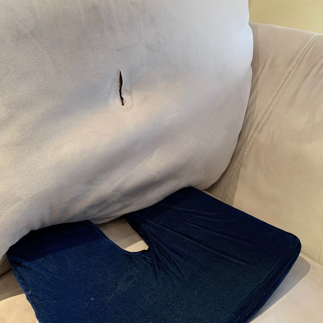 😢 My writing chair has torn. (And yes, I sit on the blue thing because the base cushion sags.) Is it time to go shopping?! #writerwoes #authorslife