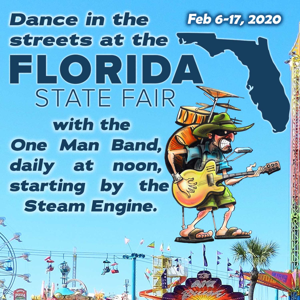 Dance in the streets at the <a href="/FLStateFair/">Florida State Fair</a>  with the <a href="/The_OneMan_Band/">TheOneManBandMarcDobson</a> daily at noon, starting by the Steam Engine. Feb 6-17, 2020.