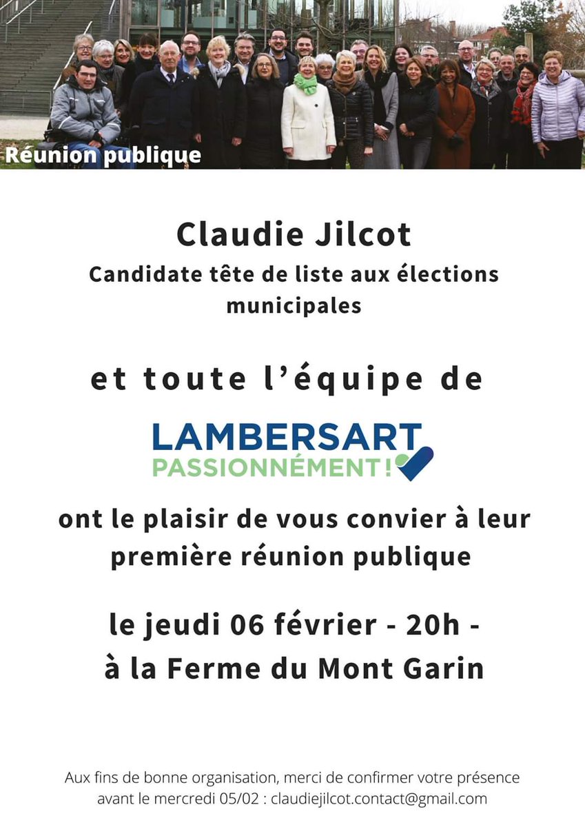 Chers amis,

Mon équipe <a href="/LTPassionnement/">LambersartPassion</a> et moi-même avons le plaisir de vous convier à notre première réunion publique, ce jeudi 6 février, à la Ferme du Mont Garin à #Lambersart

À bientôt,
Claudie
#Municipales2020