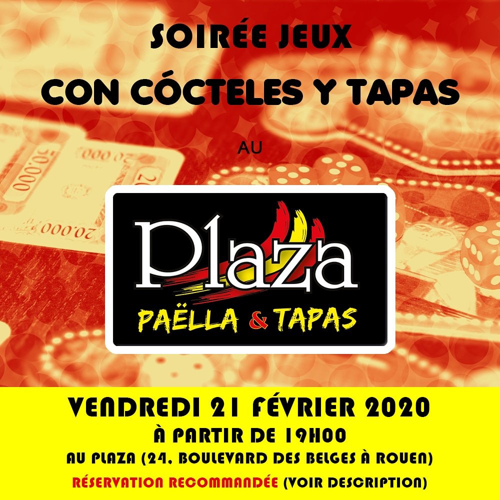 #soireejeux au Plaza vendredi 21/02 à partir de 19h00. Réservez en copiant ce lien : http://opn. to/a/WAShl (supprimez l'espace dans le lien).  #j2s  #jds  #jeuxdesociete  #tapas  #paella  #sangria #rouen  #seinemaritime
