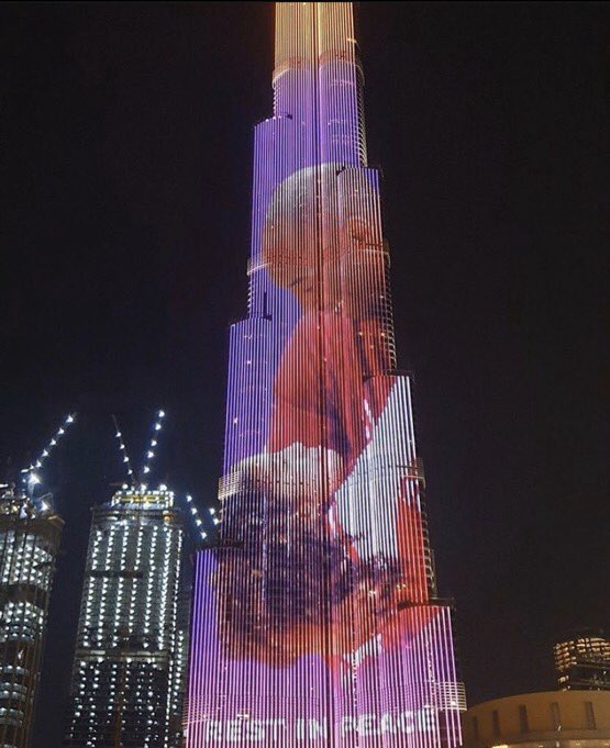 DatPiff's tweet photo. Worlds tallest building Burj Khalifa is lighting up for #Kobe and Gianna Bryant tonight 🕊💜 https://t.co/3QybQryaaH