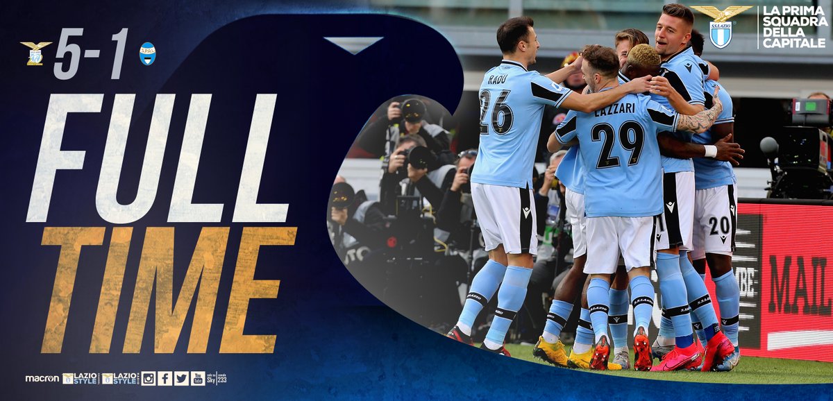 FT | #LazioSPAL 5-1

👏 Cala il sipario: applausi a scena aperta!!!!!
⚽️ 3', 29' #KingCiro
⚽️ 16', 38' #FeliPanther 
⚽️ 58' #BobbyGol

#CMonEagles 🦅