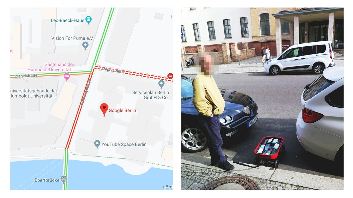Do lado direito, um senhor aparece puxando um tipo de carrinho de mão vermelho cheio de celulares. Do lado esquerdo, uma imagem do Google Maps mostrando a via (que está vazia) toda vermelha, como se houvesse um fluxo intenso de veículos.