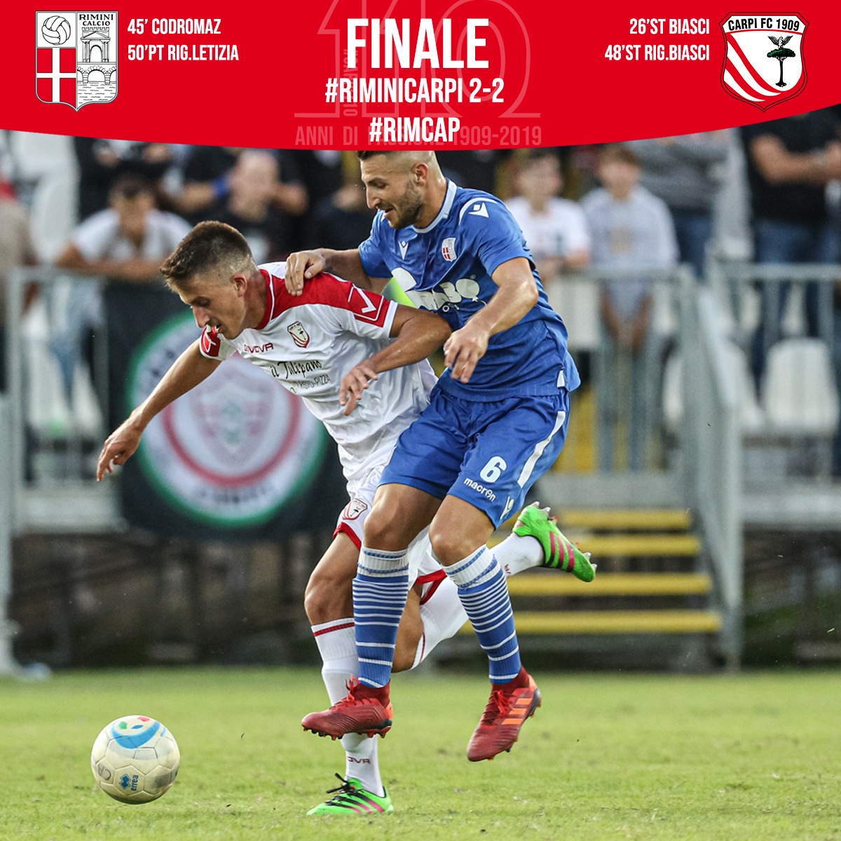 ac_carpi's tweet photo. ⏱️5⃣0⃣st
finisce qui a Rimini, una doppietta di #Biasci nella ripresa riprende il doppio svantaggio del primo tempo.
#RiminiCarpi 2⃣-2⃣
#FORZACARPI
#FIERIDEINOSTRICOLORI 🇦🇹
#RimCap https://t.co/ZBJvr8otnb