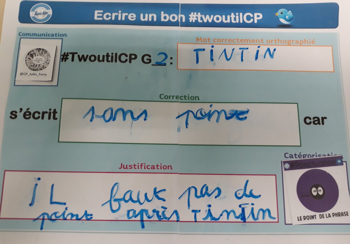 laclassedecynt2's tweet photo. @CP_Jules_Ferry #TwoutilCP G 2 TINTIN s'écrit sans point car le point est à la fin de la phrase. #Ponctuation https://t.co/va3WUwbPf8