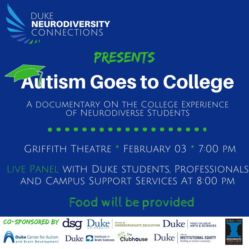 Flyer for Autism Goes to College film screening, happening Monday, February 3 at 7 p.m. in Griffith Theater. 