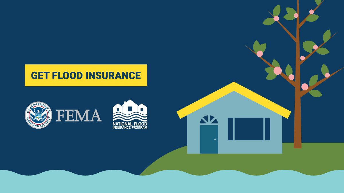 A graphic that says Get Flood Insurance and shows a house next to a tree with spring buds, with water flowing just below them.
