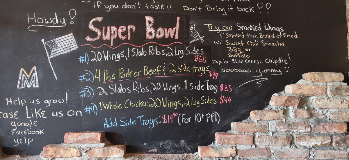 MrsSmokeys's tweet photo. Didn't Pre-Order? That's okay! Call or come on in for the Best Darn Bar-B-Q in town this Super Bowl.   

Enjoy select $2 and $3 beers all day while we have the Pre-Game show on the big screen. https://t.co/JgC9BIXcHt