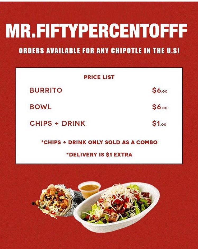 OPEN FOR CHIPOTLE ORDERS !!!

AND PAPA JOHN AND OUTBACK !!