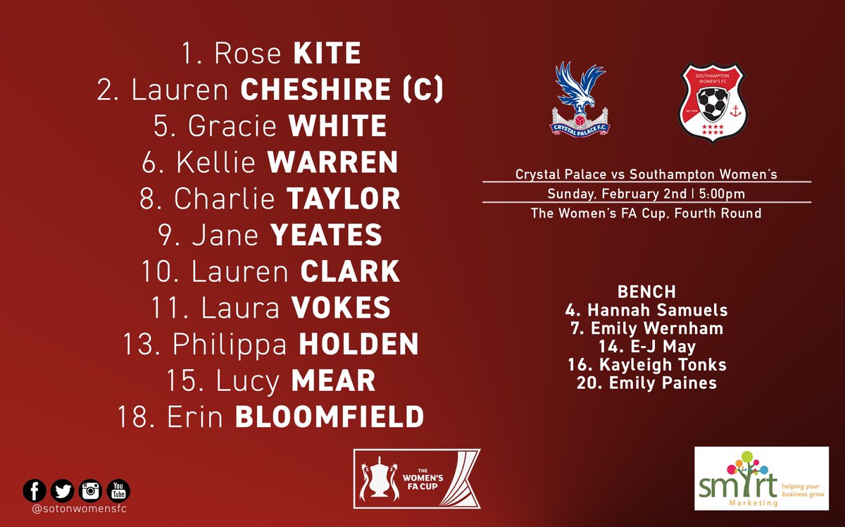 SotonWomensFC's tweet photo. 🔢 | Here’s how we line-up against Crystal Palace this evening, just the one change from last week.

#SotonWFC | #WomensFACup 🔴⚫️ https://t.co/N0Ms7nHNde