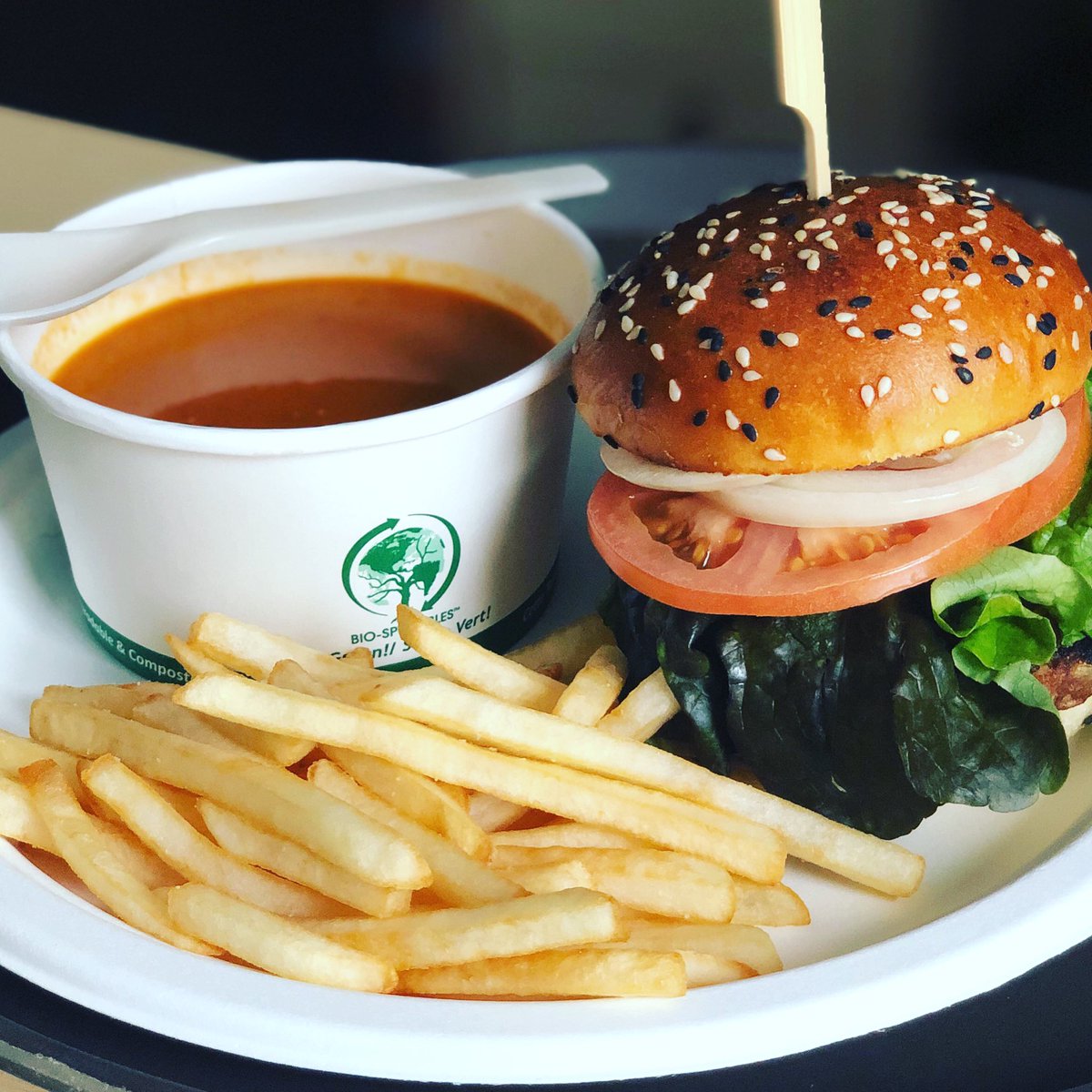 Don’t hate me because my sandwich is beautiful. 
.
Did you know that during our Glamping experience... during the construction...all utensils and servingware are environmentally conscious? 
.
#Soupistomatospinach #SandwichIsVegetarian #frenchfriesarenaturallydelicious