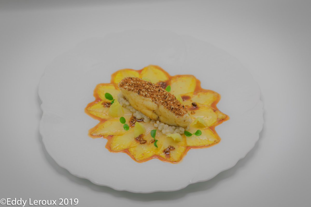 Gingerbread and Benne Seed Crusted Atlantic Turbot, Braised Endive, Barley, Apple Cider Vinegar Jus. <a href="/EddyEleroux/">Eddy Leroux</a> <a href="/DanielBoulud/">Daniel Boulud</a>