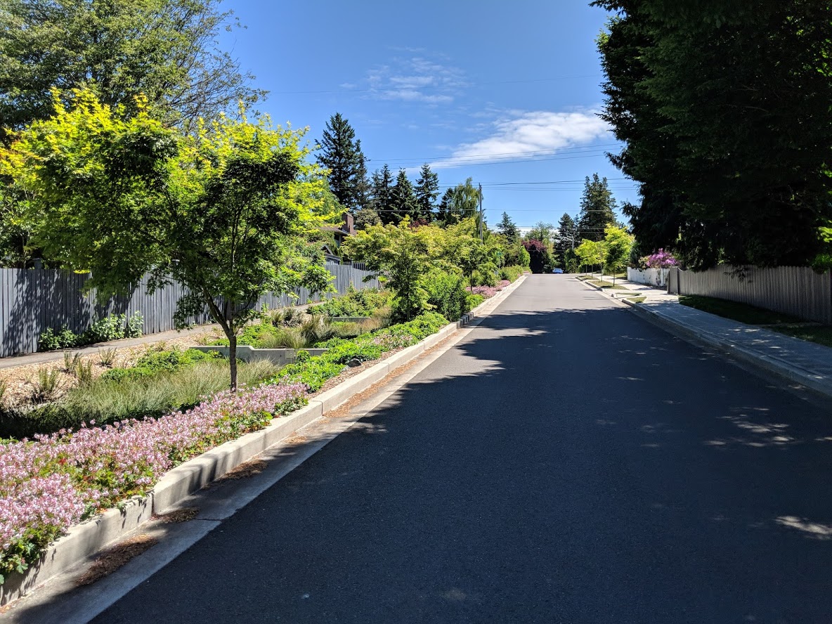 "Five blocks of natural drainage systemsdrain to underground injection controlwells. This project captures and infiltrates70% of the runoff from 80 acres ofroadway and impervious surfaces thatoriginally flowed untreated into VenemaCreek, a tributary of Piper’s Creek."