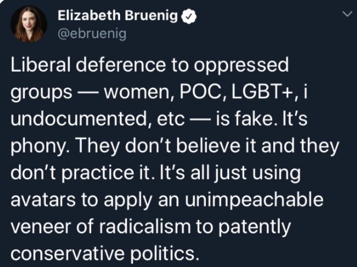 A tweet from Elizabeth Bruenig. It reads: Liberal deference to oppressed groups — women, POC, LGBT plus, undocumented, etc — is fake. It’s phony. They don’t believe it and they don’t practice it. It’s all just using avatars to apply an unimpeachable veneer of radicalism to patently conservative politics.