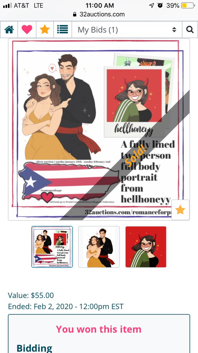 Screenshot of winning bid for Hell Honey’s illustration in the Romance for Puerto Rico auction.