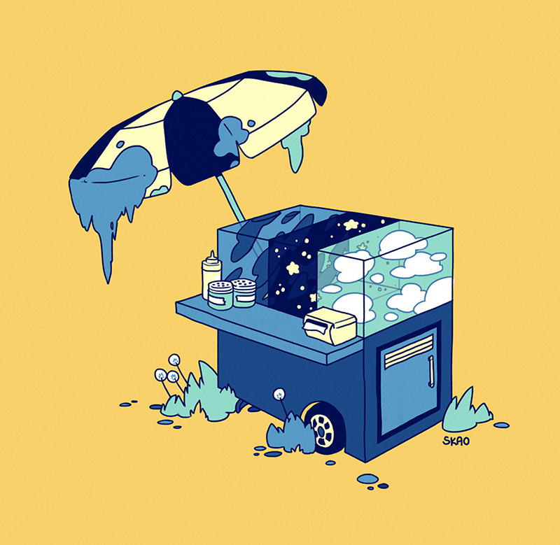 a blue fruit cart parked in a patch of weeds, moss dripping off the umbrella. the glass compartments where fruit was stacked are instead filled with rainclouds, a starry night, and puffy white clouds