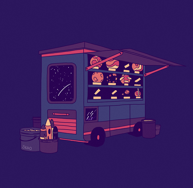 a purple food truck. on the menu are planets and asteroids of various sizes, while buckets around the truck are filled with more planets and rockets. the truck window displays a galaxy with a shooting star