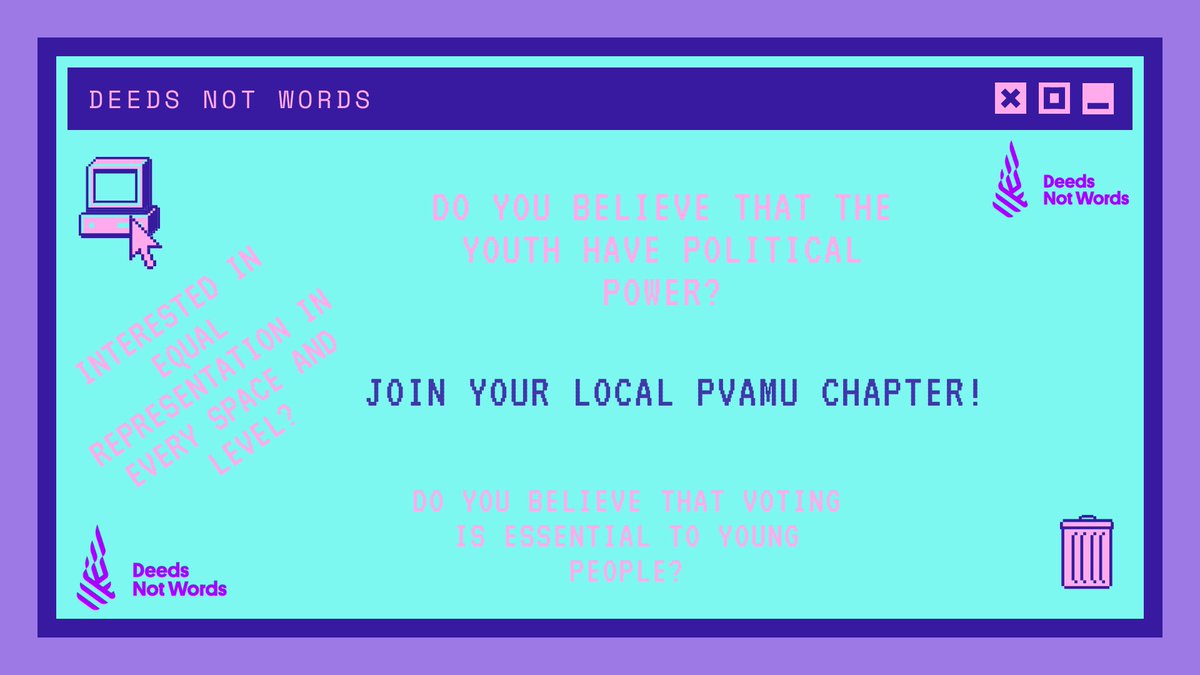 DNW_PVAMU's tweet photo. Are you interested in equal representation in every space &amp; level?

Do you believe that the YOUth have political power?

         💜💜💜💜      JOIN @DNW_PVAMU  💜💜💜💜
DM your favorite Deeds member / our page if you have questions! https://t.co/zcOFGLY4G5