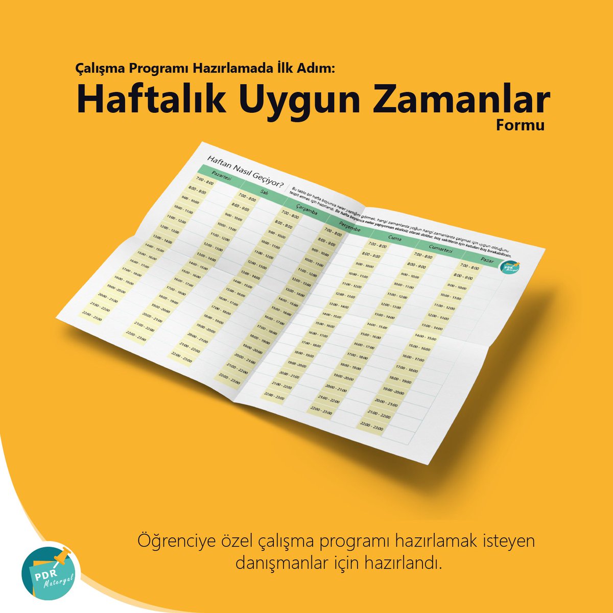 Yeni çalışmamız "Haftalık Uygun Zamanlar Formu" YAYINDA!

Bu form öğrenciye özel çalışma programı hazırlama sürecini kolaylaştırmak amacıyla okul psikolojik danışmanları için tasarlandı. #PDRMateryal 

Ayrıntılar : girisimciogretmen.com/Store/UserStor…