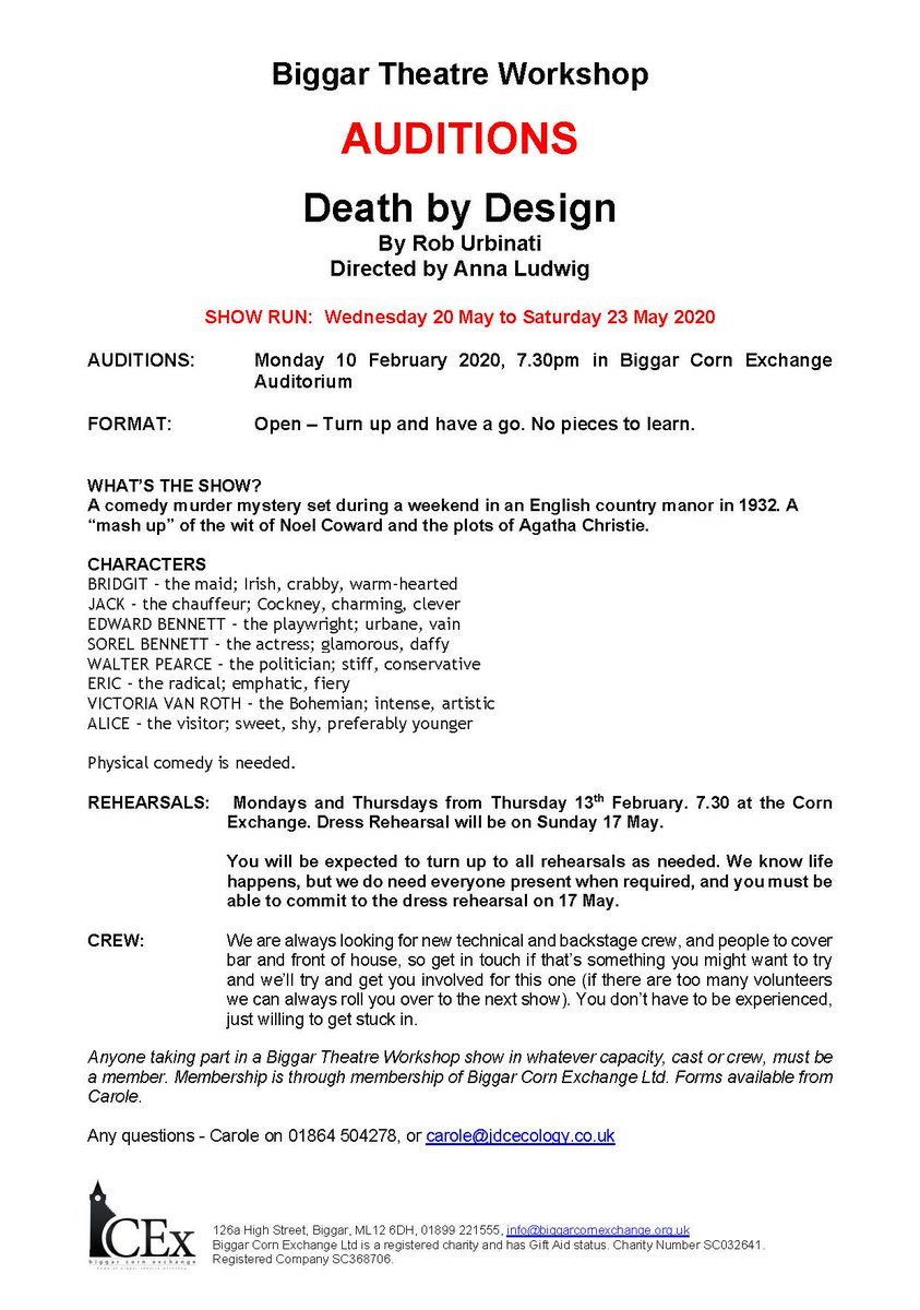 Biggar Theatre Workshop are holding auditions for their next show "Death by Design" - By Rob Urbinati and Directed by Anna Ludwig. Auditions are being held at Biggar Corn Exchange on Monday 10th Feburary 2020 at 7:30 in the Auditorium. We hope to see you there