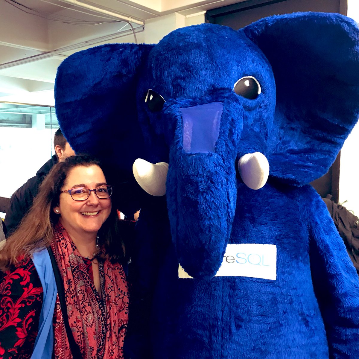 The Slonik blue elephant mascot posing with a Postgres community member at FOSDEM