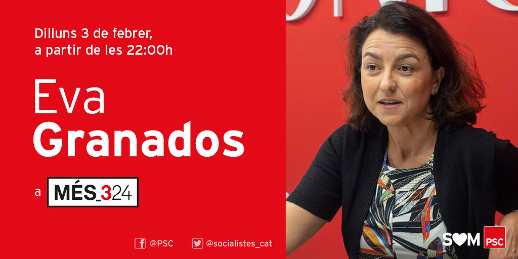 socialistes_cat's tweet photo. 📺Demà a la nit, al @Més324, la viceprimera secretària del #PSC, @Eva_Granados, serà entrevistada a partir de les 22.00h❗️

📱Podràs seguir-ho al @324, i també online per aquest enllaç:➡️https://t.co/XBlPXOrsqw

#SomPSC/❤️
#AraIZ https://t.co/KUC7FuNcqC